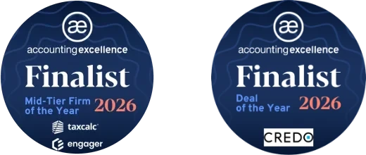 Accounting Excellence Awards 2026 finalist badges — Mid-Tier Firm of the Year and Deal of the Year