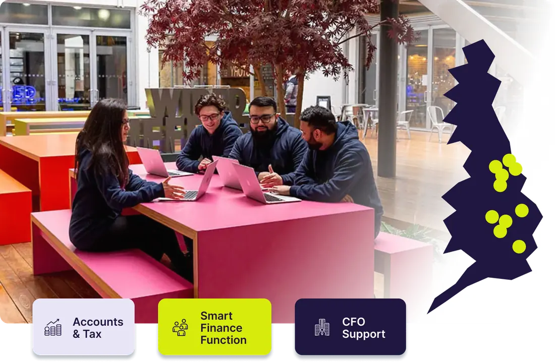 The Ascendant team working together, with our Accounts & Tax, Smart Finance Function™ and CFO Support services and a map of our UK offices
